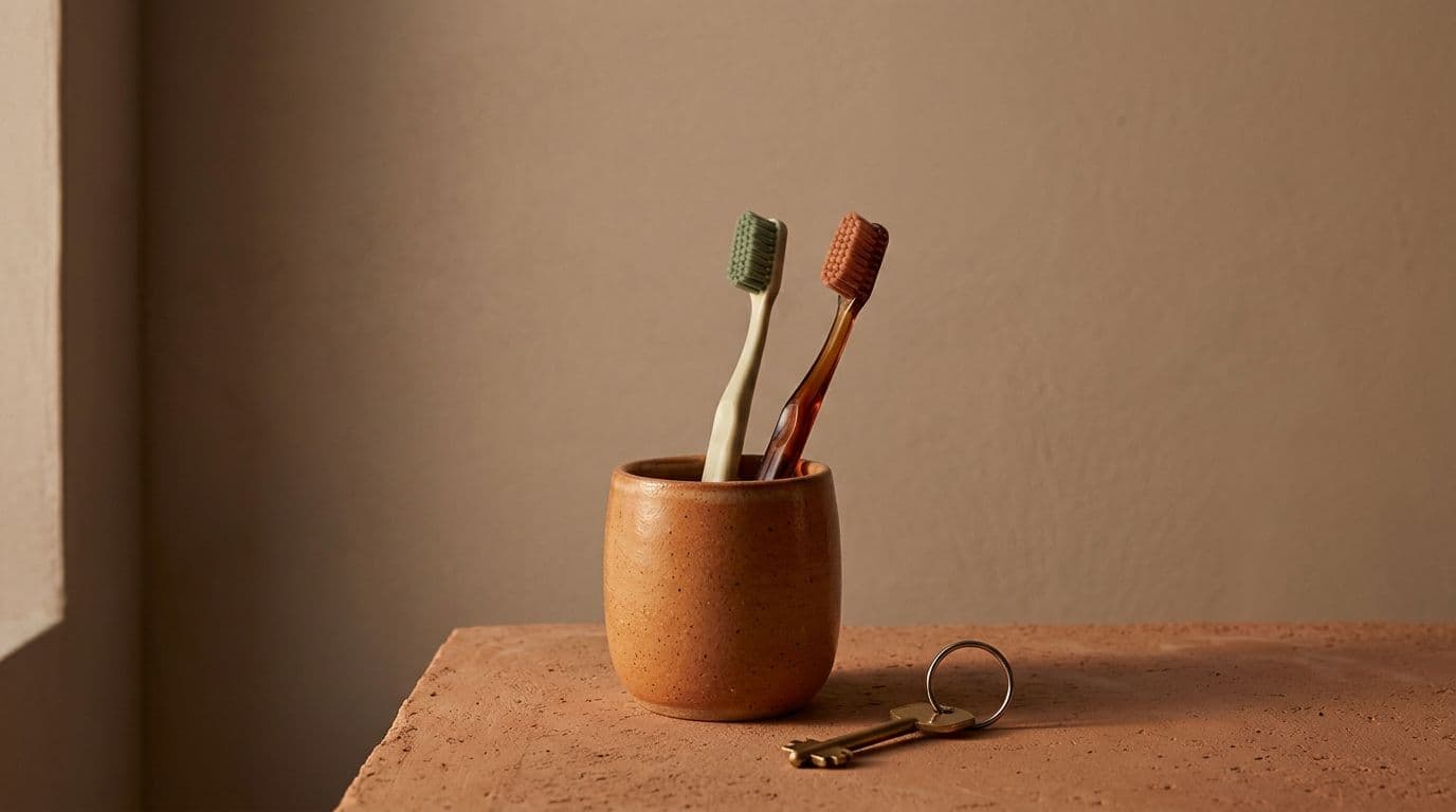 A second toothbrush standing in a small ceramic cup beside the first, with a spare door key on a plain ring lying next to it.