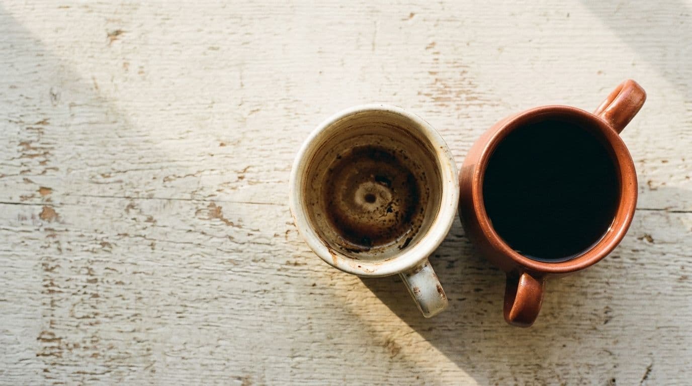 Two ceramic mugs sitting close together, one drained to the dregs and the other still full and long gone cold.